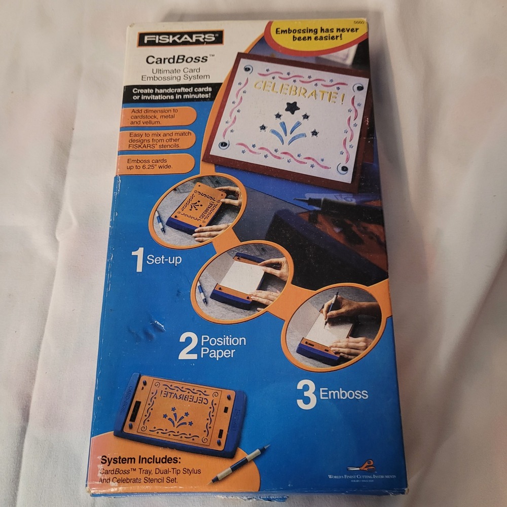 Fiskars CardBoss Ultimate Card Embossing System Celebrate Stencil Stylus 2003